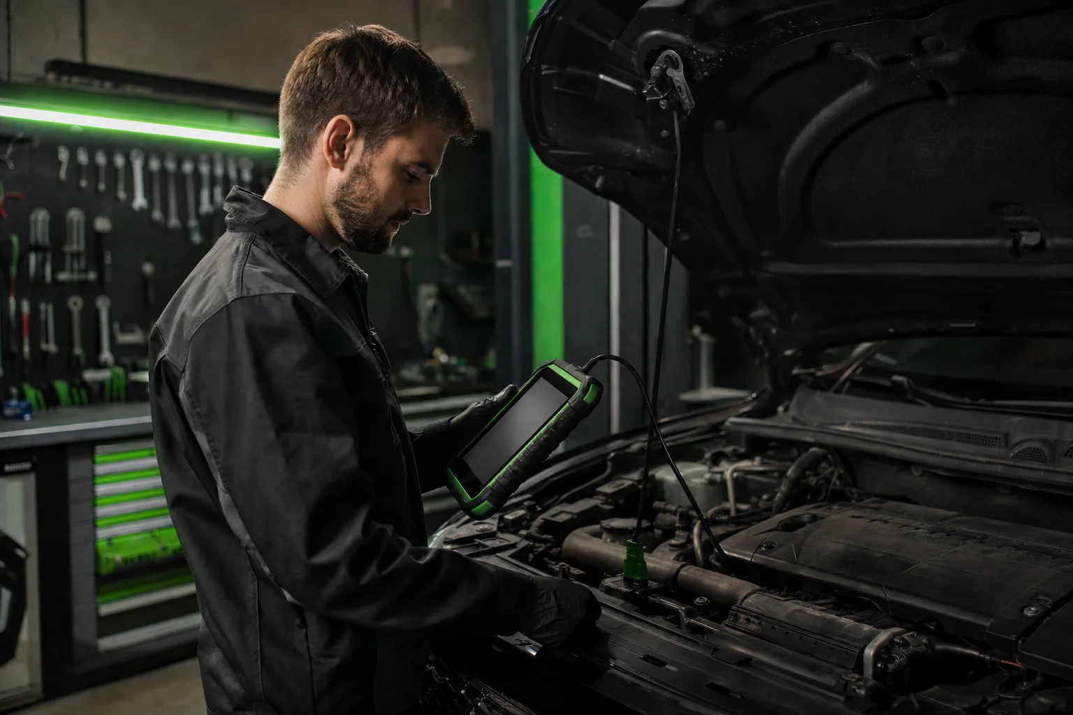 Diagnosearbeitsplatz in dunkler Werkstatt mit OBD-Gerät am Motor