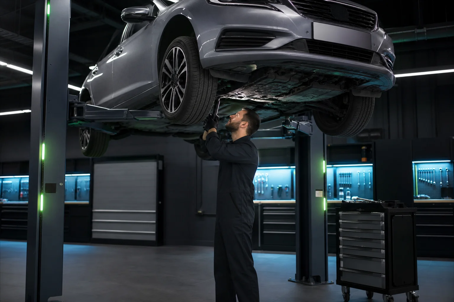 Fahrzeug auf Hebebühne in modernem Servicebetrieb